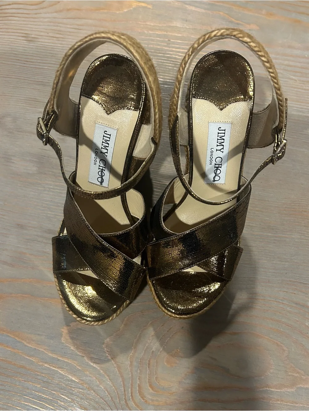 Jimmy Choo Gold Metallic Espadrille Platform Sandals